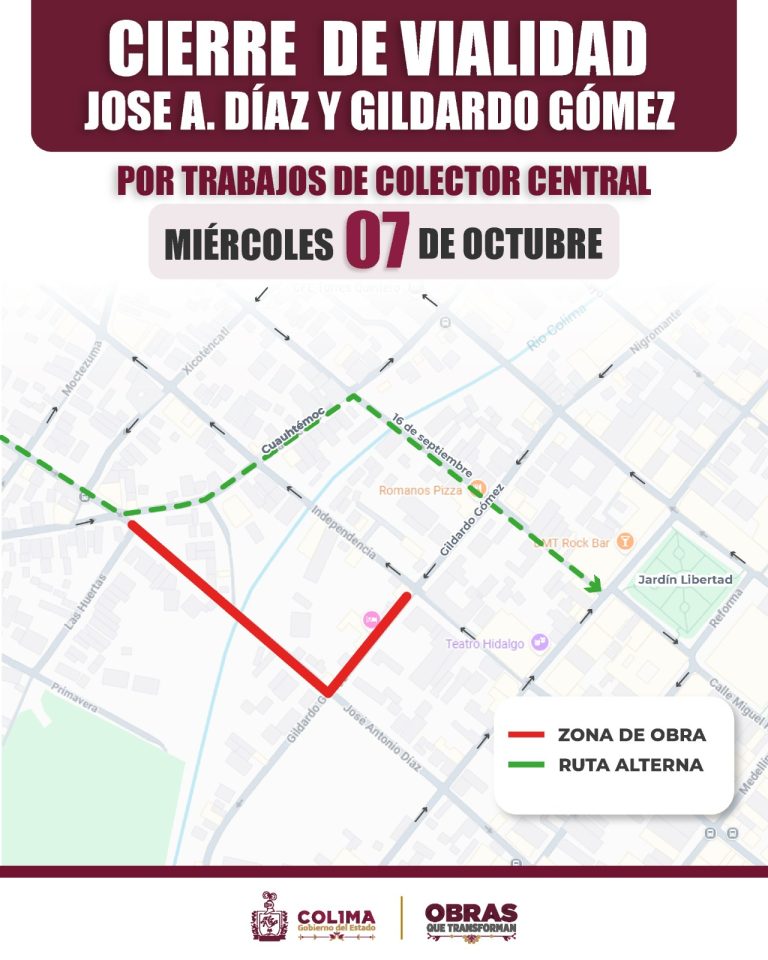 Seidum anuncia cierre de vialidad en cruce de calles José Antonio Díaz y Gildardo Gómez, por obras del Colector Central