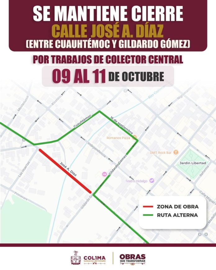 Seidum trabaja en el Colector Central de Colima; pide utilizar rutas alternas del 9 al 11 de octubre