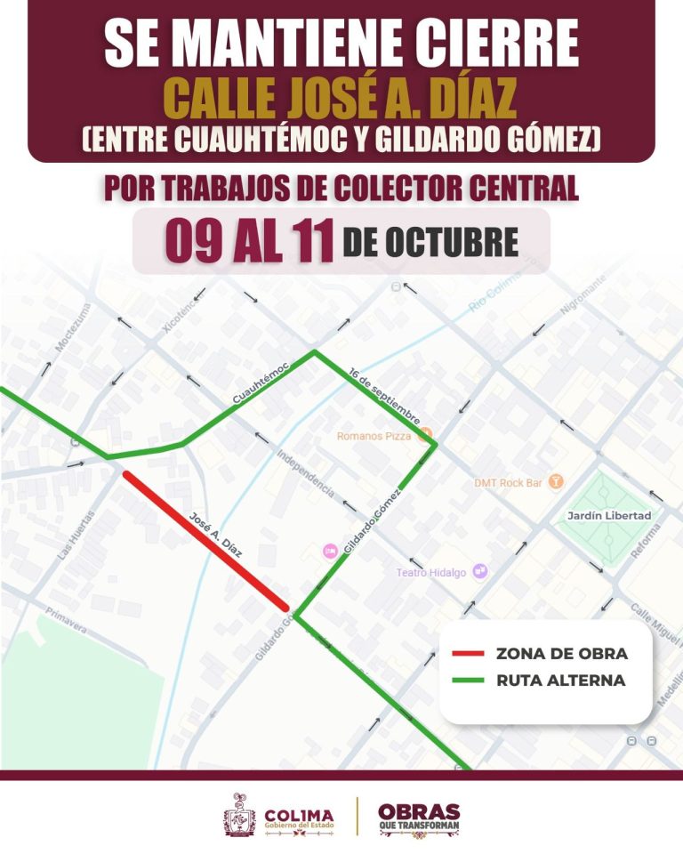 Seidum trabaja en el Colector Central de Colima; pide utilizar rutas alternas del 9 al 11 de octubre